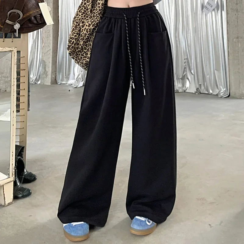 High-Waisted Wide Leg Drawstring Trousers - Korean Style