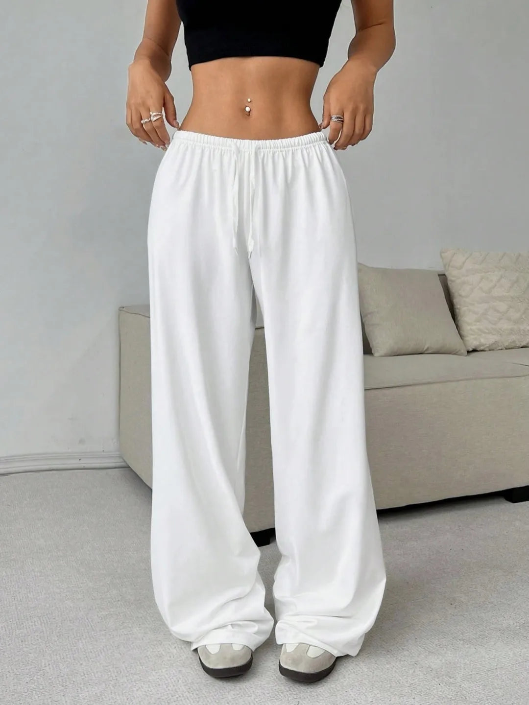 High-Waist Elastic Tie Wide Leg Trousers - Casual Lounge Pants