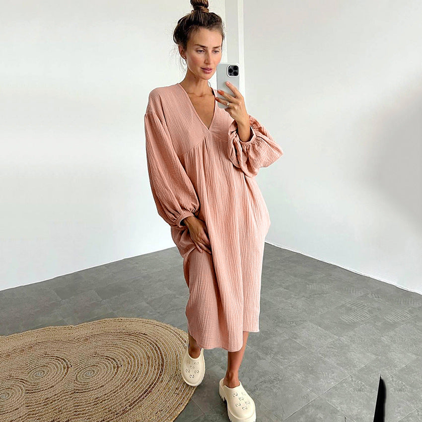 Autumn Long Sleeve Sleep Dress with V-Neck for Women