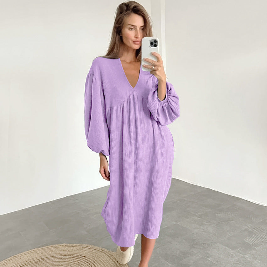 Autumn Long Sleeve Sleep Dress with V-Neck for Women