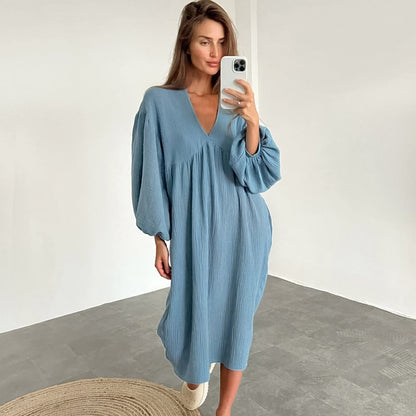 Autumn Long Sleeve Sleep Dress with V-Neck for Women