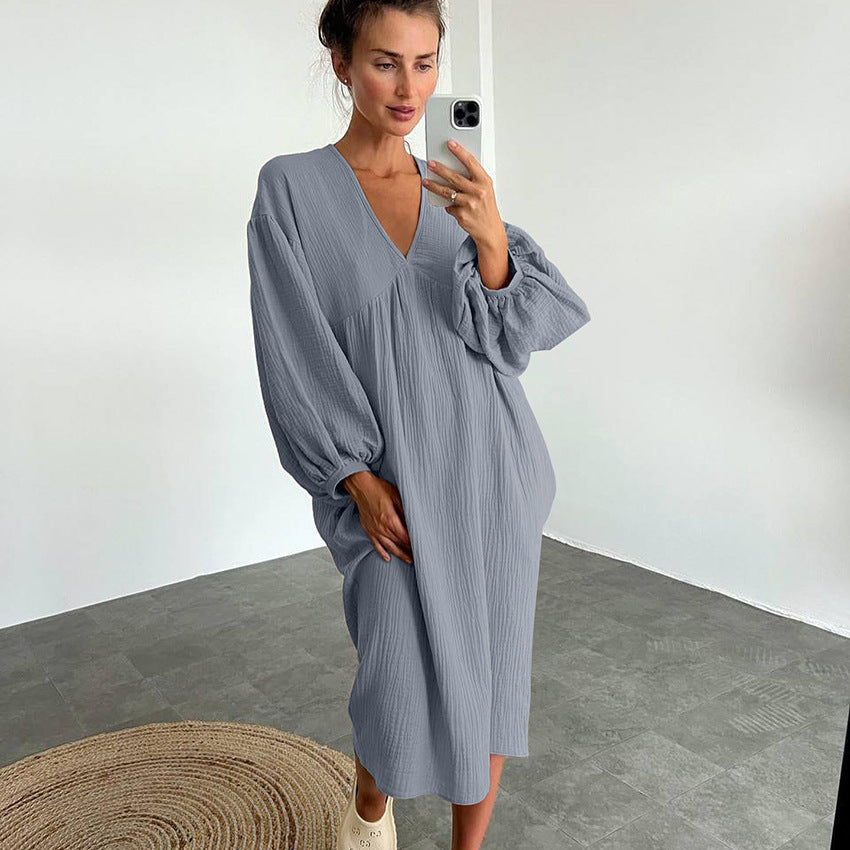 Autumn Long Sleeve Sleep Dress with V-Neck for Women