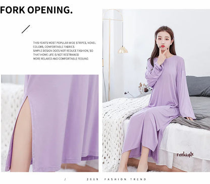 Soft Modal Cotton Nightgown – Long Sleeve Midi Sleep Shirt