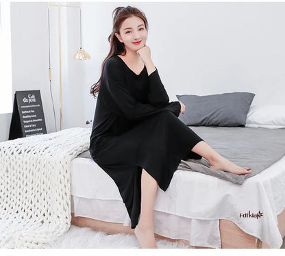 Soft Modal Cotton Nightgown – Long Sleeve Midi Sleep Shirt