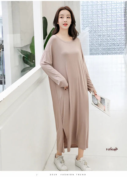 Soft Modal Cotton Nightgown – Long Sleeve Midi Sleep Shirt