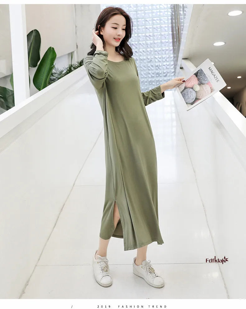 Soft Modal Cotton Nightgown – Long Sleeve Midi Sleep Shirt