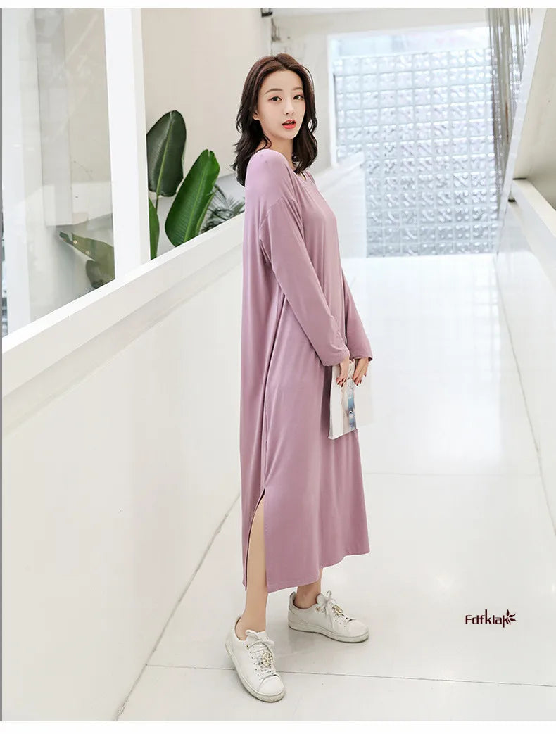 Soft Modal Cotton Nightgown – Long Sleeve Midi Sleep Shirt