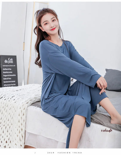 Soft Modal Cotton Nightgown – Long Sleeve Midi Sleep Shirt
