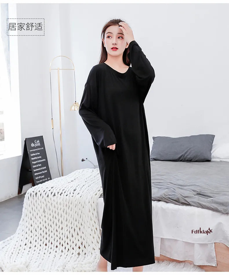 Soft Modal Cotton Nightgown – Long Sleeve Midi Sleep Shirt