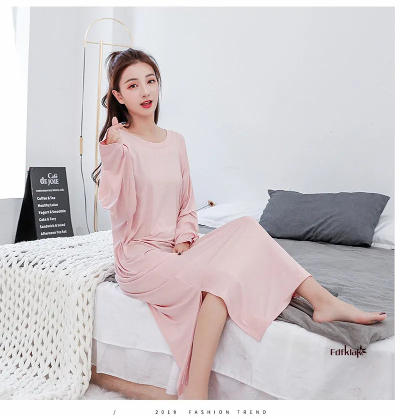 Soft Modal Cotton Nightgown – Long Sleeve Midi Sleep Shirt