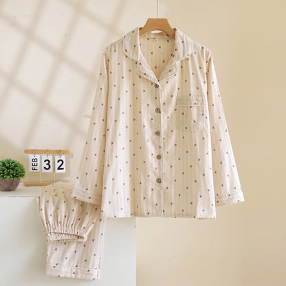 Cotton Gauze Lounge Set: Vertical Stripe & Heart Motif