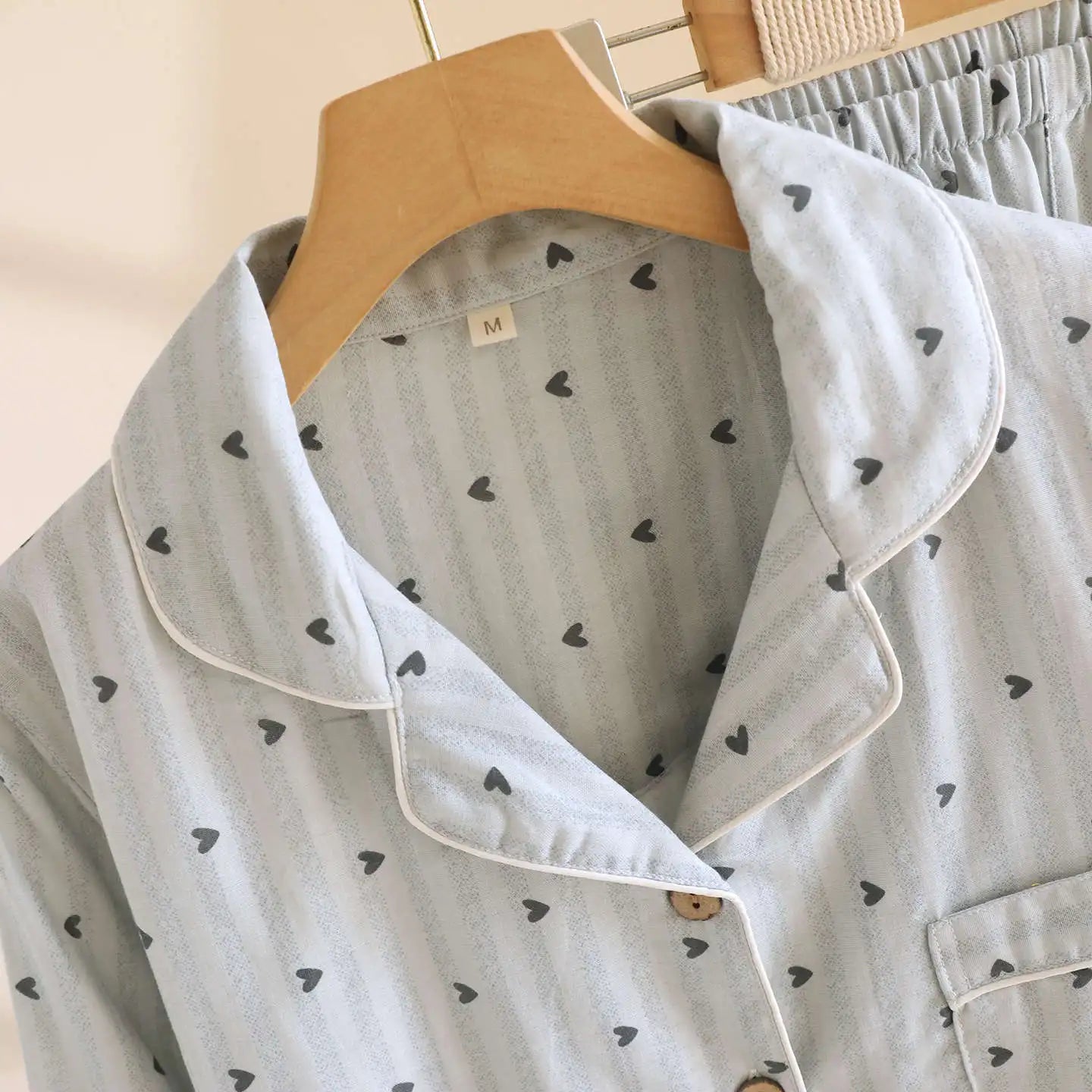 Cotton Gauze Lounge Set: Vertical Stripe & Heart Motif