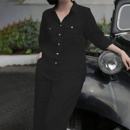 Elegant Office Set: Button-Down Shirt & Wide Leg Trousers