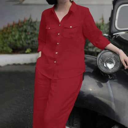 Elegant Office Set: Button-Down Shirt & Wide Leg Trousers