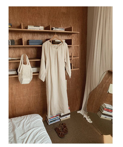 Vintage 100% Cotton V-Neck Loungewear Dress - Long Sleeve