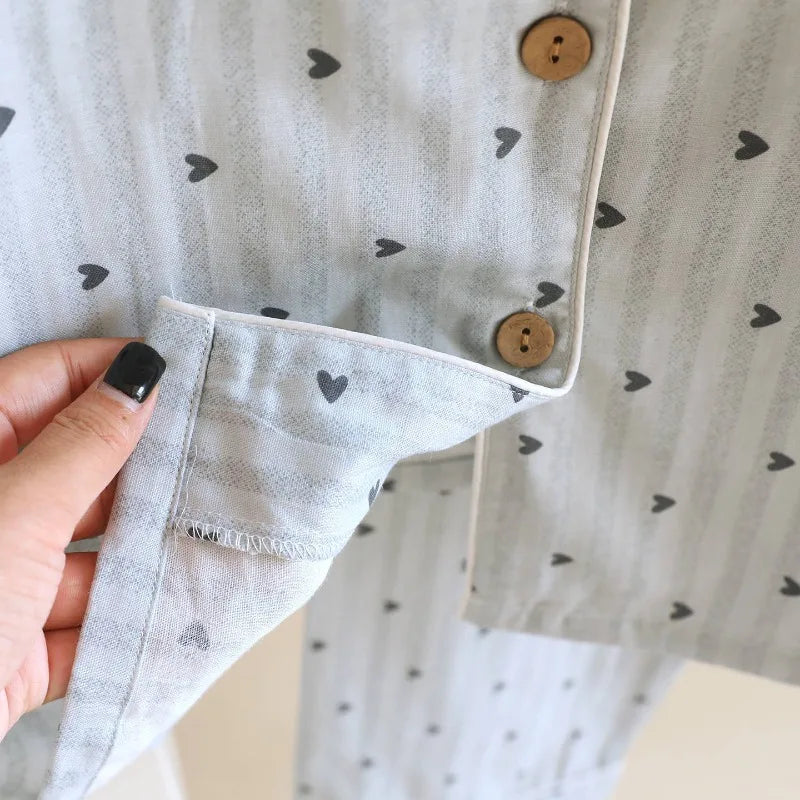 Cotton Gauze Lounge Set: Vertical Stripe & Heart Motif