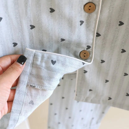 Cotton Gauze Lounge Set: Vertical Stripe & Heart Motif