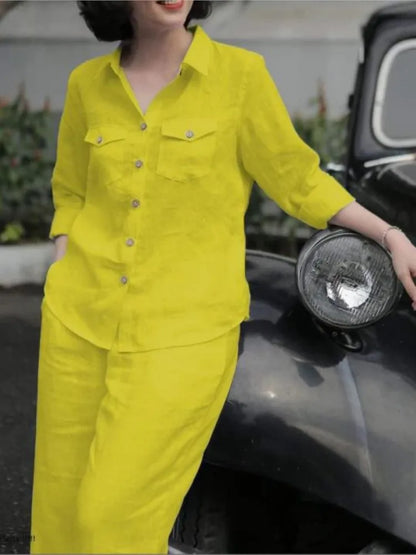 Elegant Office Set: Button-Down Shirt & Wide Leg Trousers