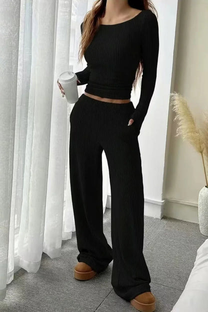Soft Lounge Set: Slim Fit Top & Wide Leg Pants
