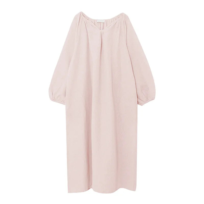 Vintage 100% Cotton V-Neck Loungewear Dress - Long Sleeve