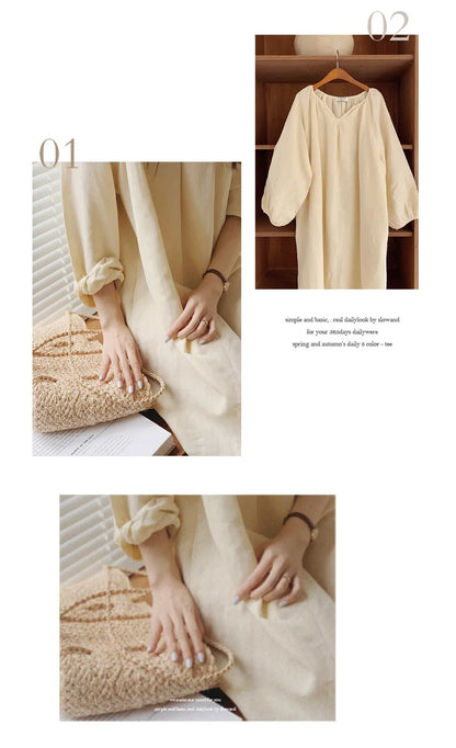 Vintage 100% Cotton V-Neck Loungewear Dress - Long Sleeve