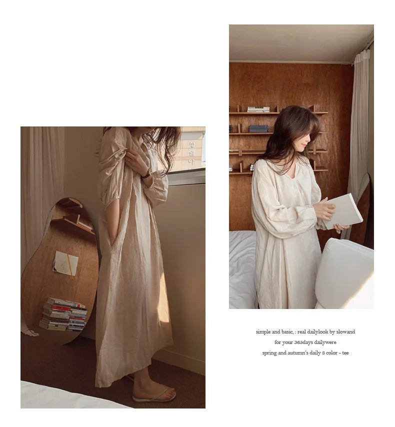 Vintage 100% Cotton V-Neck Loungewear Dress - Long Sleeve