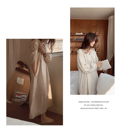 Vintage 100% Cotton V-Neck Loungewear Dress - Long Sleeve