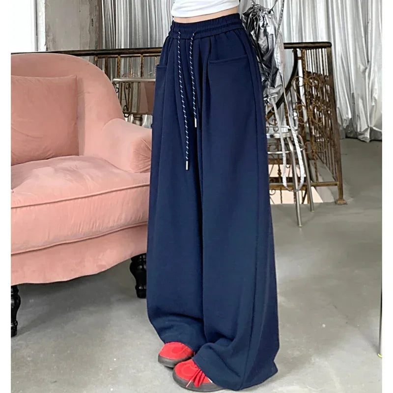 High-Waisted Wide Leg Drawstring Trousers - Korean Style