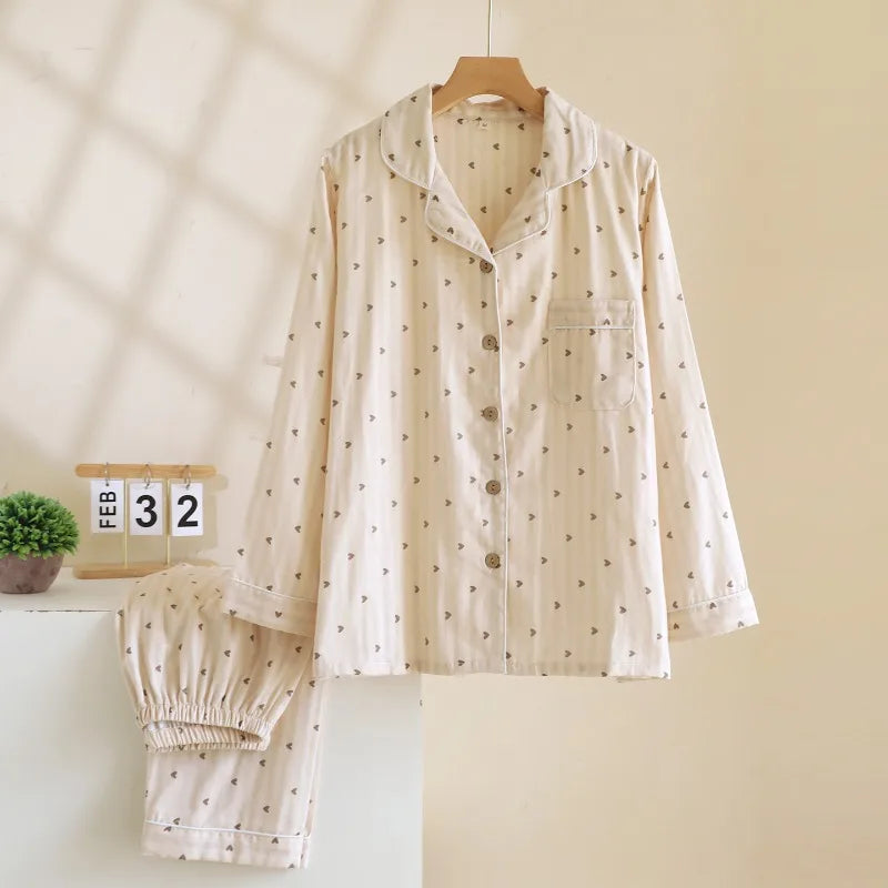 Cotton Gauze Lounge Set: Vertical Stripe & Heart Motif