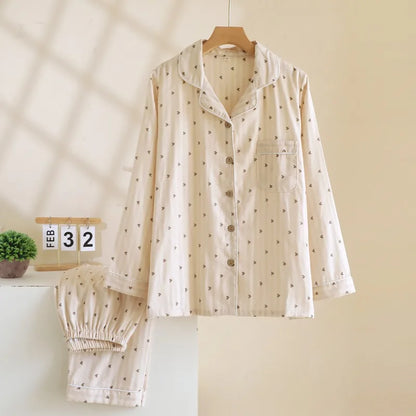 Cotton Gauze Lounge Set: Vertical Stripe & Heart Motif