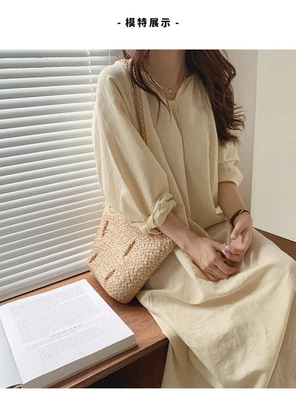 Vintage 100% Cotton V-Neck Loungewear Dress - Long Sleeve