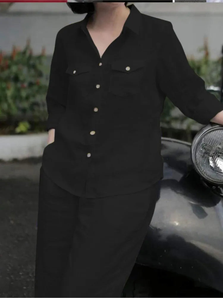 Elegant Office Set: Button-Down Shirt & Wide Leg Trousers