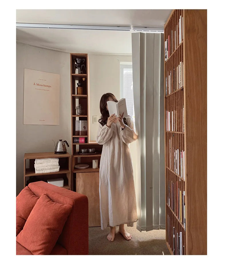 Vintage 100% Cotton V-Neck Loungewear Dress - Long Sleeve