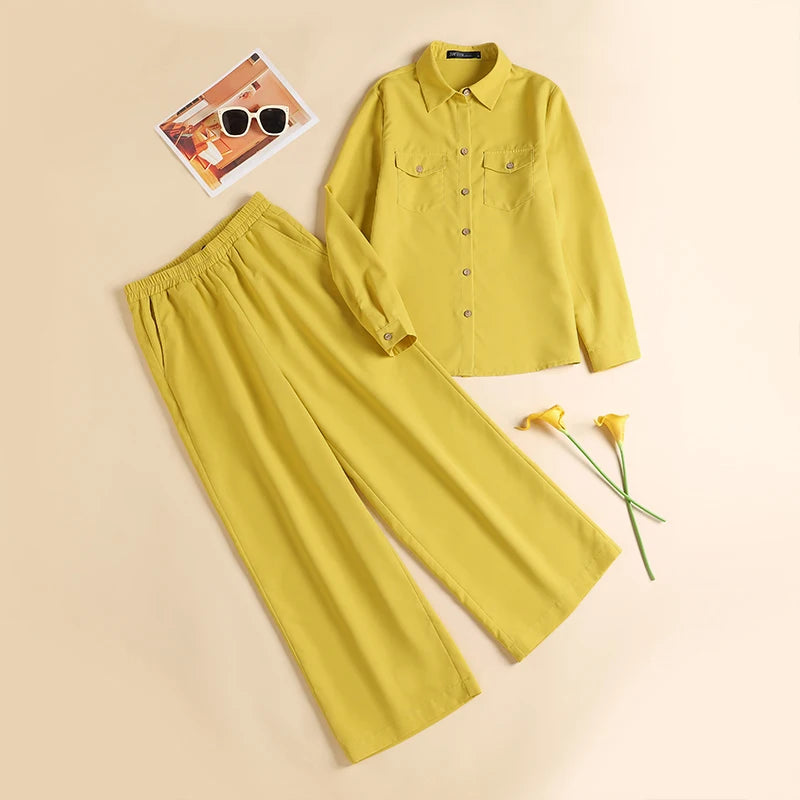 Elegant Office Set: Button-Down Shirt & Wide Leg Trousers