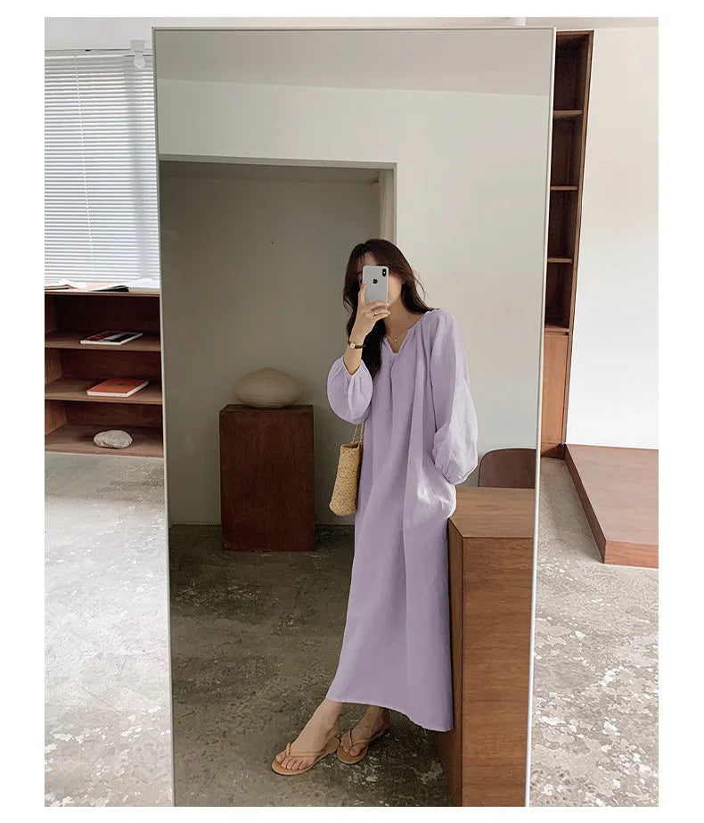 Vintage 100% Cotton V-Neck Loungewear Dress - Long Sleeve