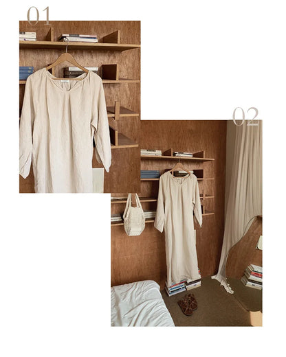 Vintage 100% Cotton V-Neck Loungewear Dress - Long Sleeve