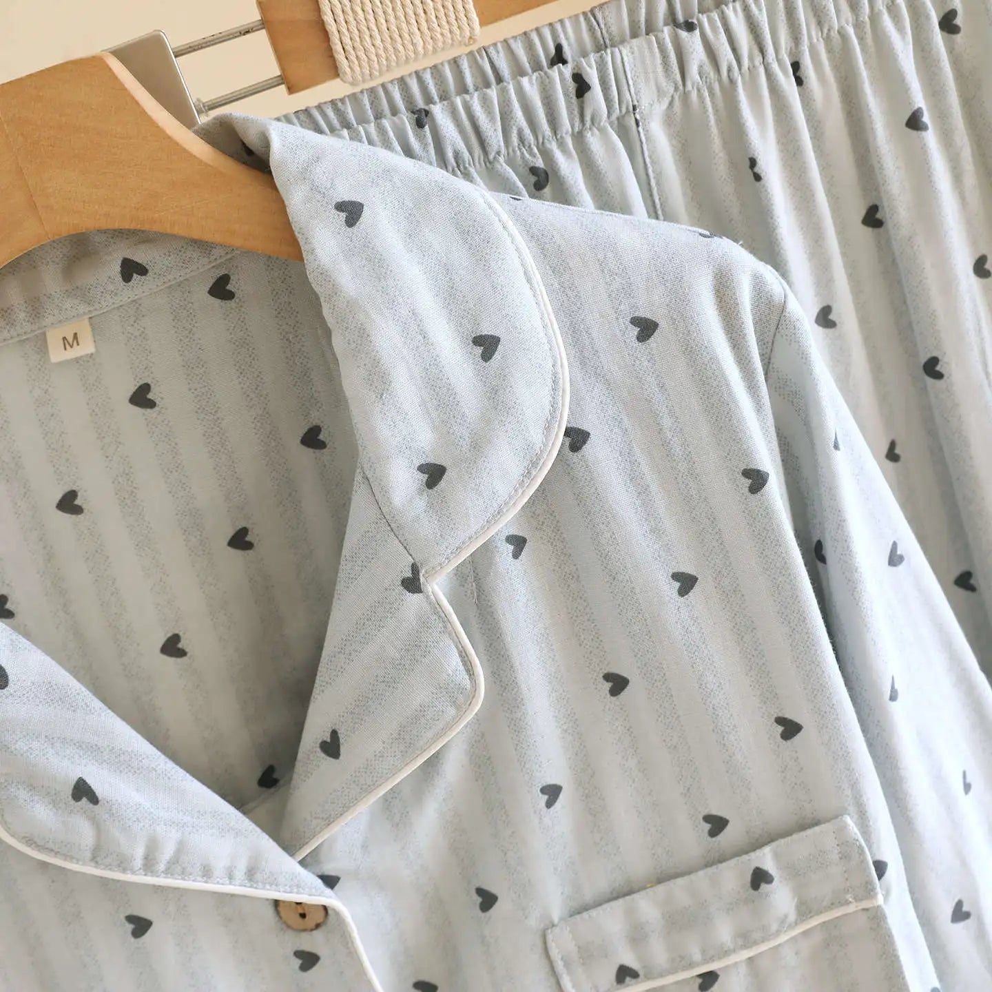 Cotton Gauze Lounge Set: Vertical Stripe & Heart Motif