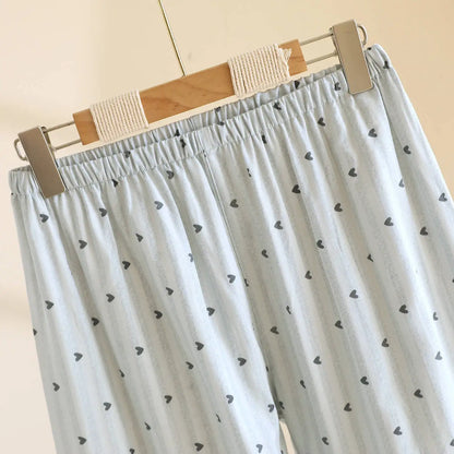 Cotton Gauze Lounge Set: Vertical Stripe & Heart Motif