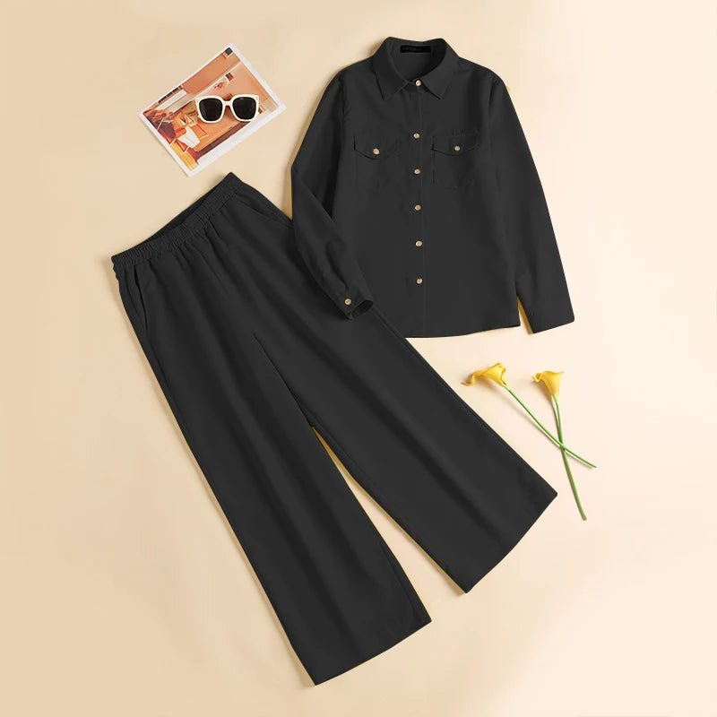 Elegant Office Set: Button-Down Shirt & Wide Leg Trousers