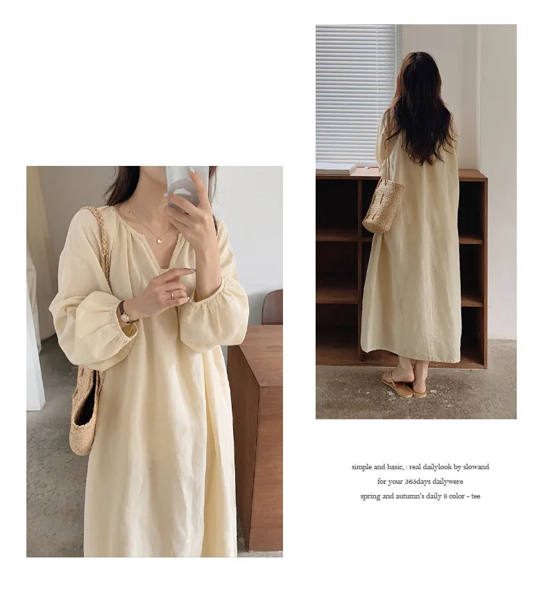 Vintage 100% Cotton V-Neck Loungewear Dress - Long Sleeve