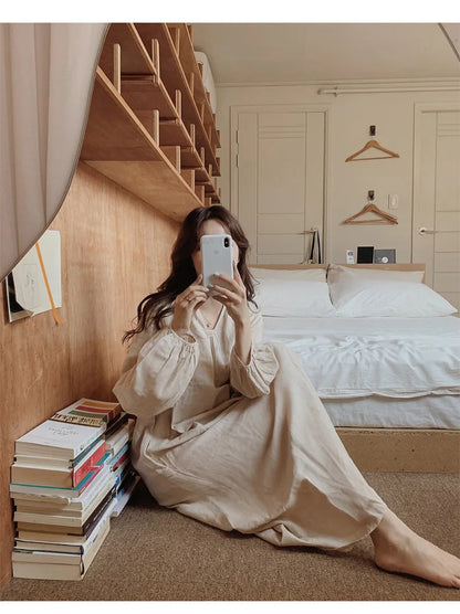 Vintage 100% Cotton V-Neck Loungewear Dress - Long Sleeve