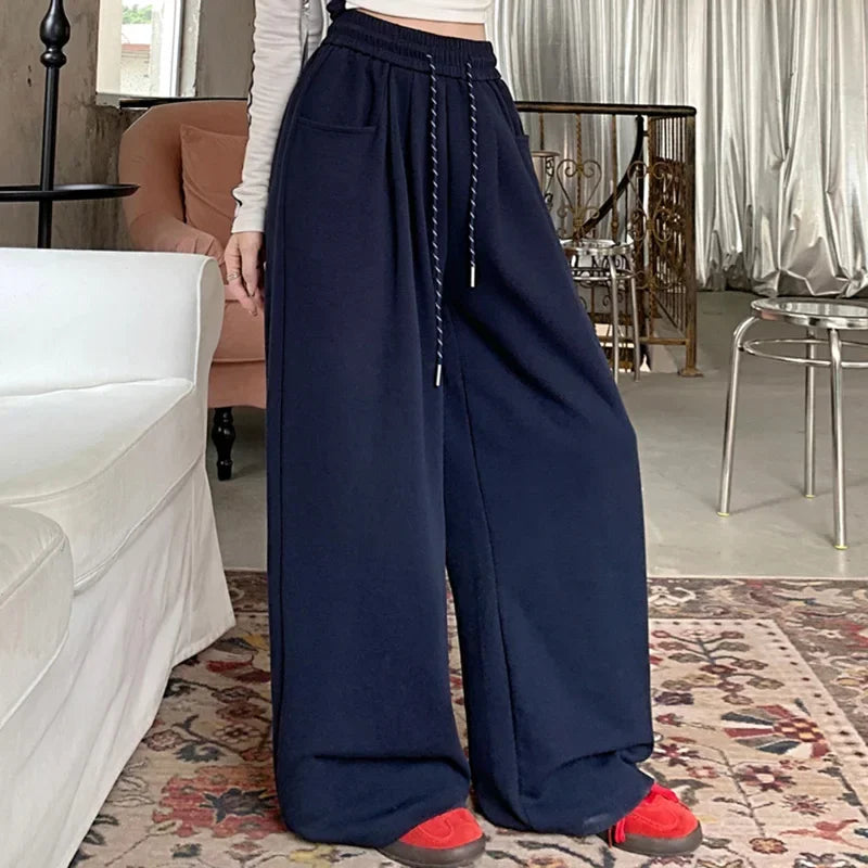 High-Waisted Wide Leg Drawstring Trousers - Korean Style
