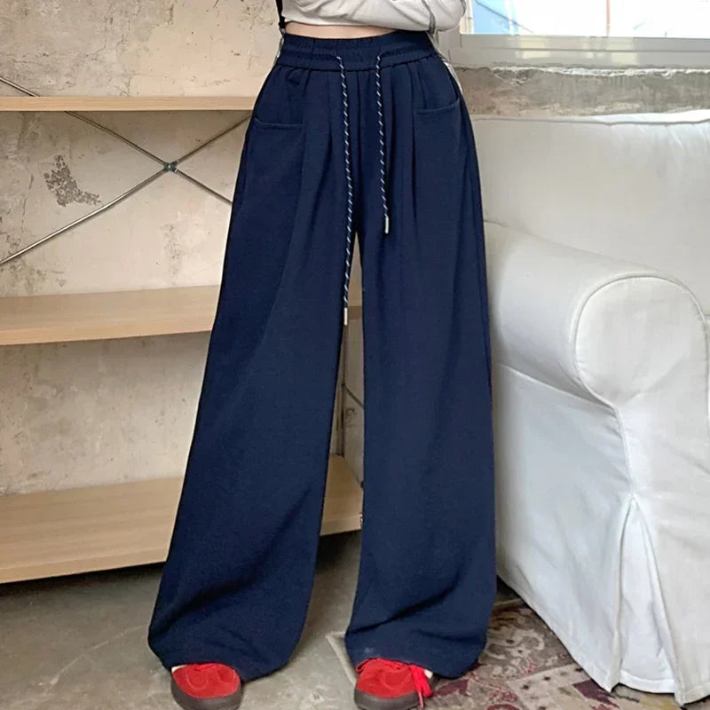 High-Waisted Wide Leg Drawstring Trousers - Korean Style