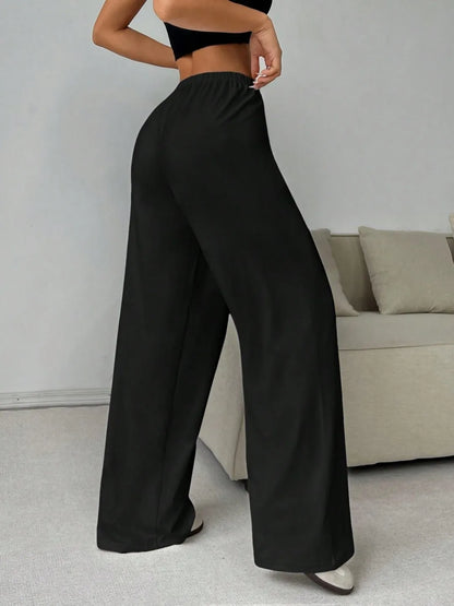 High-Waist Elastic Tie Wide Leg Trousers - Casual Lounge Pants