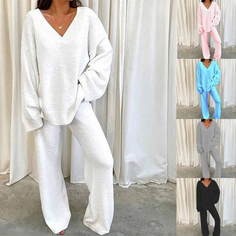 V-Neck Lounge Set: Long Sleeve Pullover & Pants