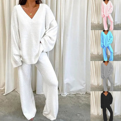 V-Neck Lounge Set: Long Sleeve Pullover & Pants