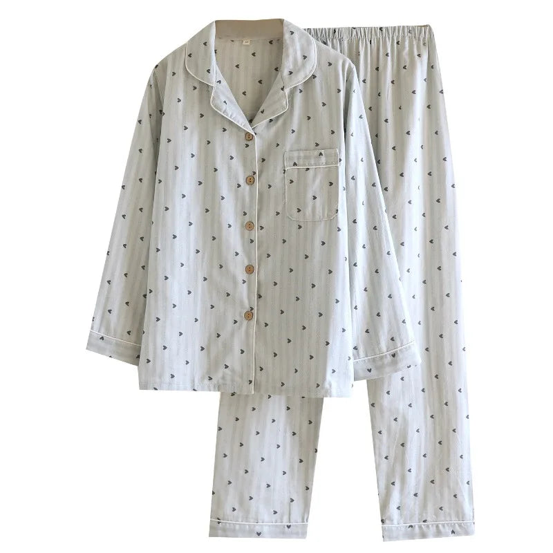 Cotton Gauze Lounge Set: Vertical Stripe & Heart Motif