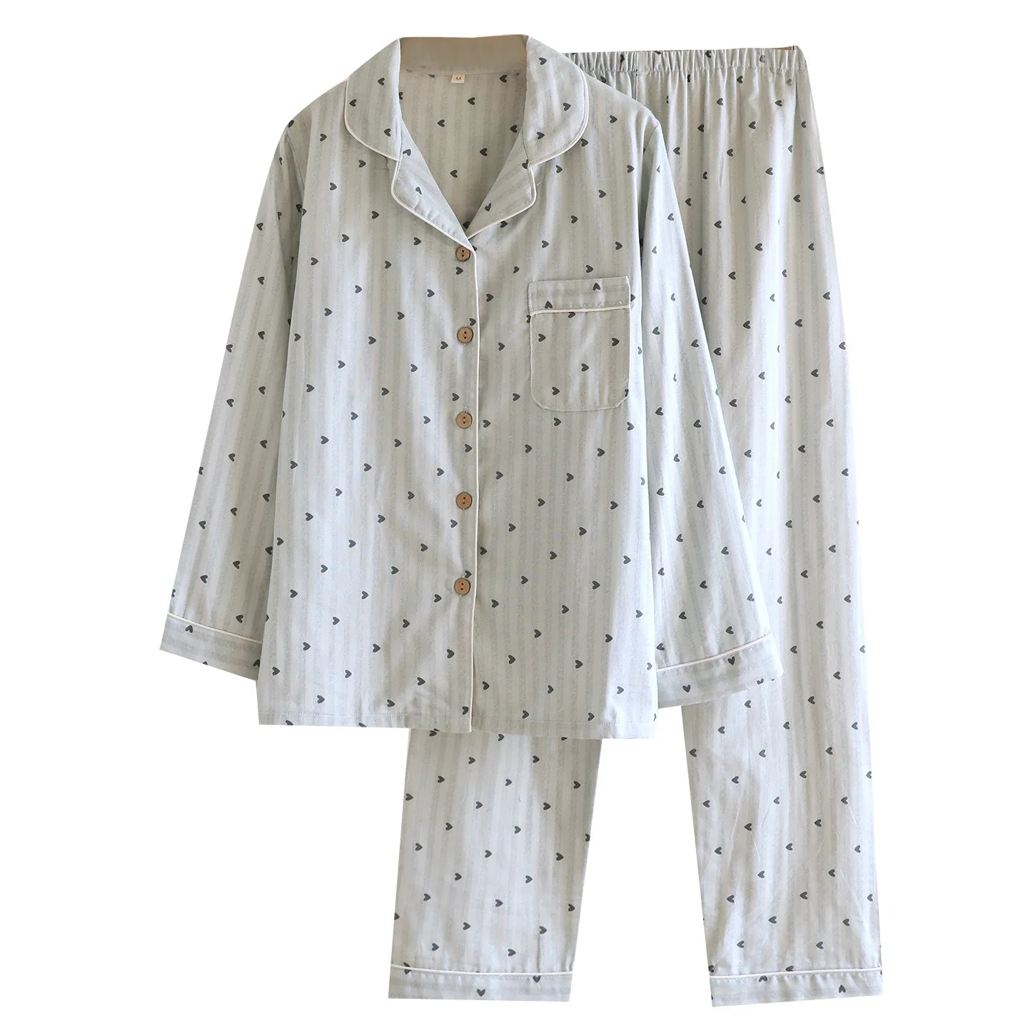 Cotton Gauze Lounge Set: Vertical Stripe & Heart Motif