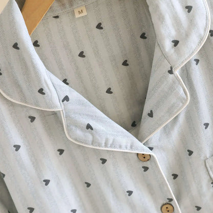 Cotton Gauze Lounge Set: Vertical Stripe & Heart Motif