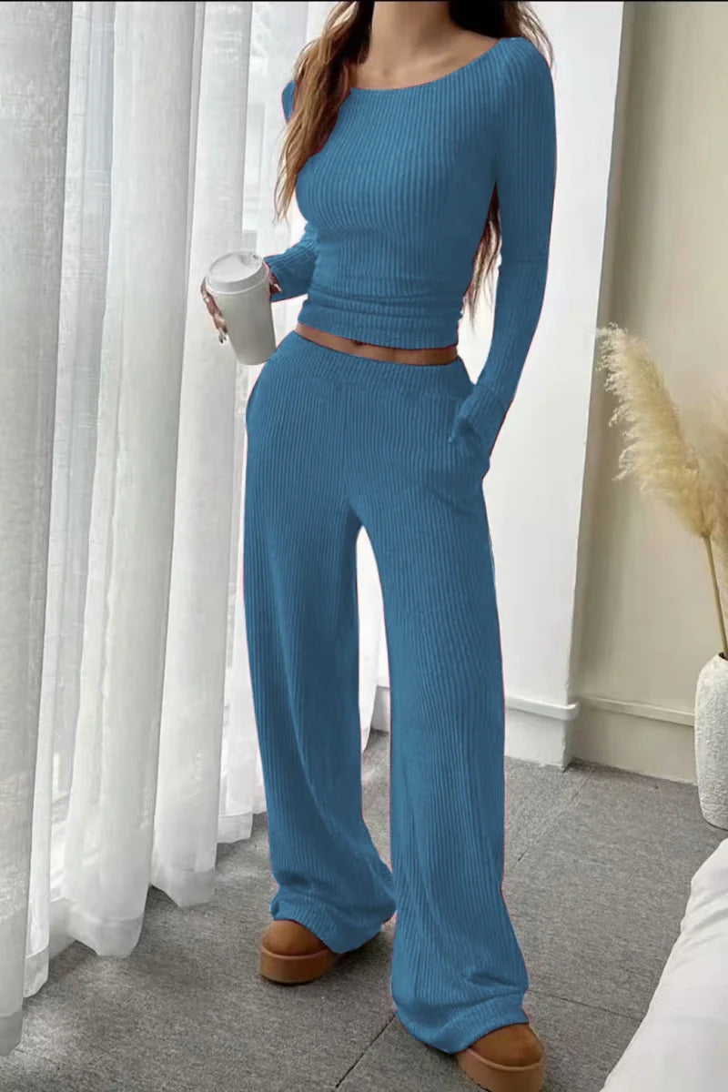 Soft Lounge Set: Slim Fit Top & Wide Leg Pants